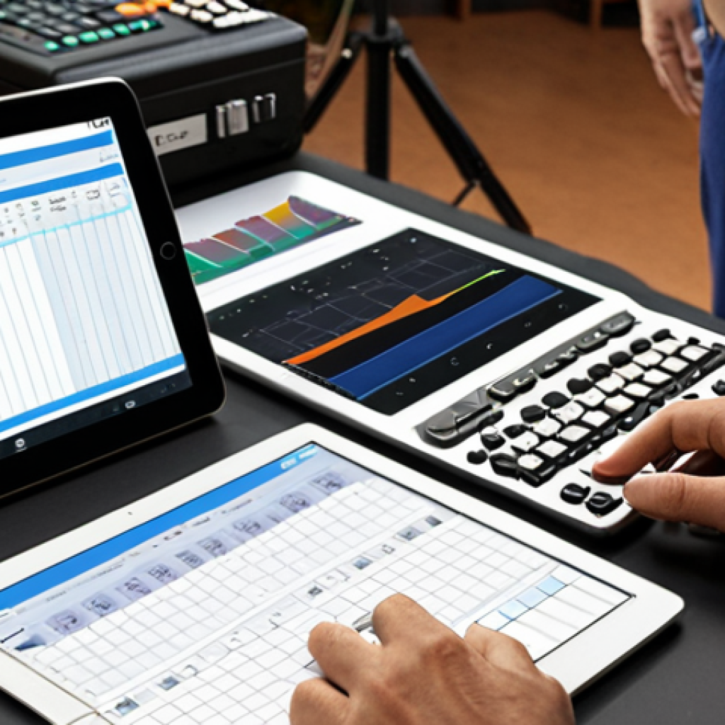 ** A behind-the-scenes shot of a film set with a busy Executive Producer on a video call, reviewing budget spreadsheets on a tablet, with film equipment and crew visible in the background. Focus on the blend of creative vision and financial management. Include the text "The Navigator" subtly in the composition.

**