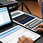 ** A behind-the-scenes shot of a film set with a busy Executive Producer on a video call, reviewing budget spreadsheets on a tablet, with film equipment and crew visible in the background. Focus on the blend of creative vision and financial management. Include the text "The Navigator" subtly in the composition.

**