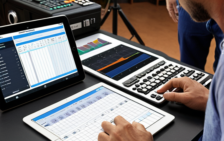 ** A behind-the-scenes shot of a film set with a busy Executive Producer on a video call, reviewing budget spreadsheets on a tablet, with film equipment and crew visible in the background. Focus on the blend of creative vision and financial management. Include the text "The Navigator" subtly in the composition.

**