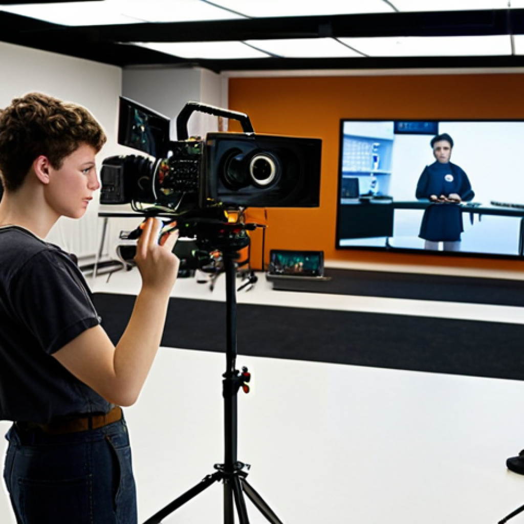 A student in a modern media production classroom, expertly adjusting the lighting for a video shoot, with state-of-the-art equipment visible in the background. Focus on a diverse group of students collaborating and learning.