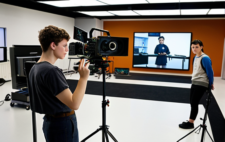 A student in a modern media production classroom, expertly adjusting the lighting for a video shoot, with state-of-the-art equipment visible in the background. Focus on a diverse group of students collaborating and learning.