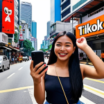 **

A young Malaysian media creator, enthusiastically filming a short video with a smartphone in a vibrant Kuala Lumpur setting (e.g., Bukit Bintang). Focus on the creator's energy and modern, dynamic style. Include elements of social media interface (e.g., TikTok logo subtly visible) to emphasize short-form video content creation.

**