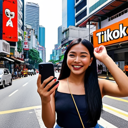 Home 17 **
A young Malaysian media creator, enthusiastically filming a short video with a smartphone in a vibrant Kuala Lumpur setting (e.g., Bukit Bintang). Focus on the creator's energy and modern, dynamic style. Include elements of social media interface (e.g., TikTok logo subtly visible) to emphasize short-form video content creation.
**