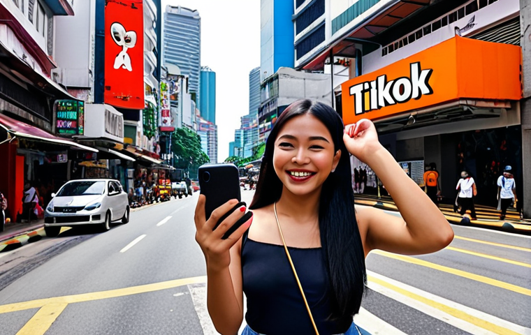 **
A young Malaysian media creator, enthusiastically filming a short video with a smartphone in a vibrant Kuala Lumpur setting (e.g., Bukit Bintang). Focus on the creator's energy and modern, dynamic style. Include elements of social media interface (e.g., TikTok logo subtly visible) to emphasize short-form video content creation.
**
