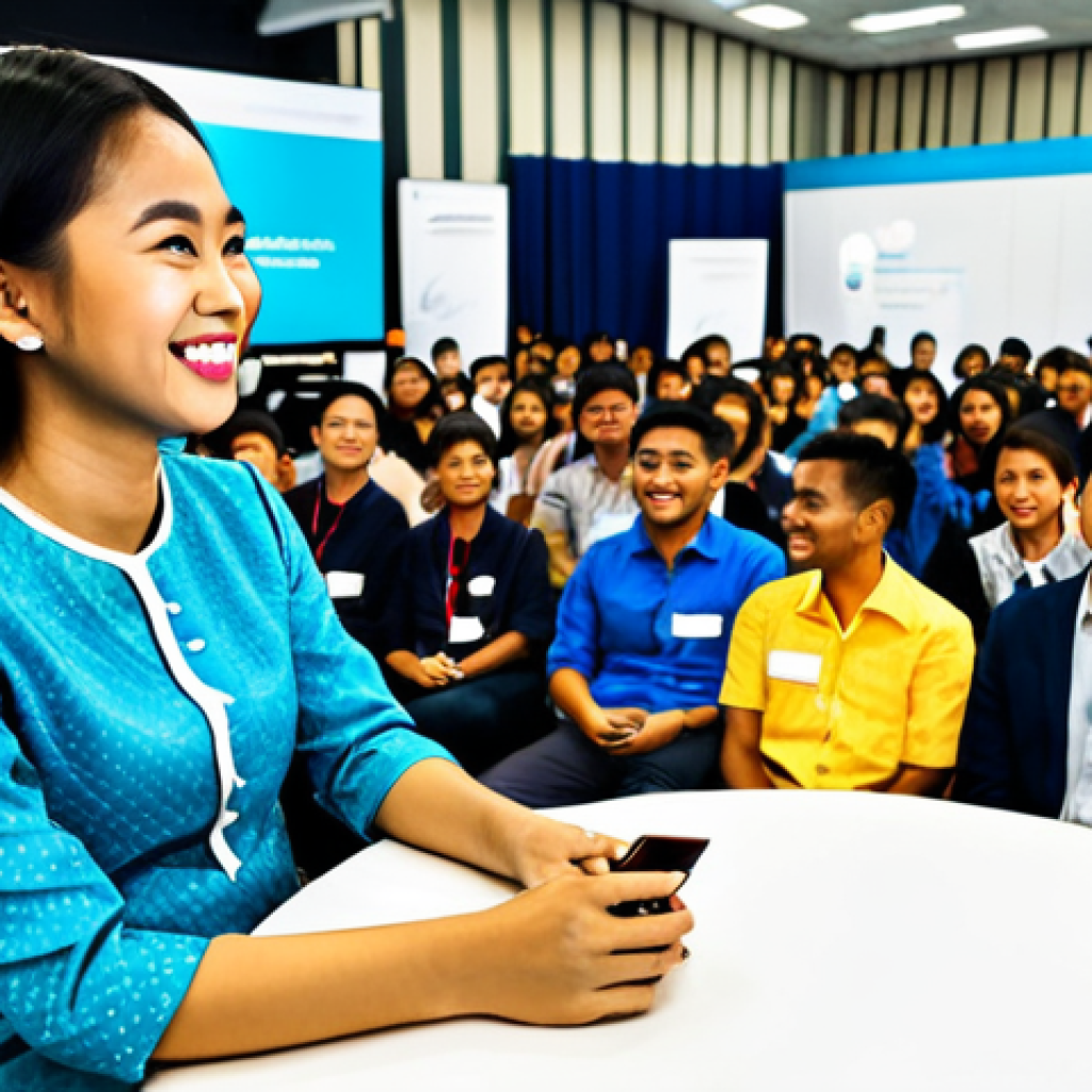 **

"A bright and cheerful scene of a young Malaysian entrepreneur, fully clothed in a modern baju kurung, confidently presenting her business idea at a tech startup competition in Kuala Lumpur. The background shows a modern co-working space filled with diverse participants. Safe for work, appropriate content, professional, modest clothing, perfect anatomy, natural proportions, high-quality digital illustration."

**