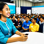 **

"A bright and cheerful scene of a young Malaysian entrepreneur, fully clothed in a modern baju kurung, confidently presenting her business idea at a tech startup competition in Kuala Lumpur. The background shows a modern co-working space filled with diverse participants. Safe for work, appropriate content, professional, modest clothing, perfect anatomy, natural proportions, high-quality digital illustration."

**