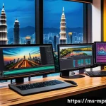 미디어 프로듀서 직무와 관련된 트렌드 - A modern Malaysian media producer’s workspace featuring a sleek laptop displaying Adobe Premiere Pro...