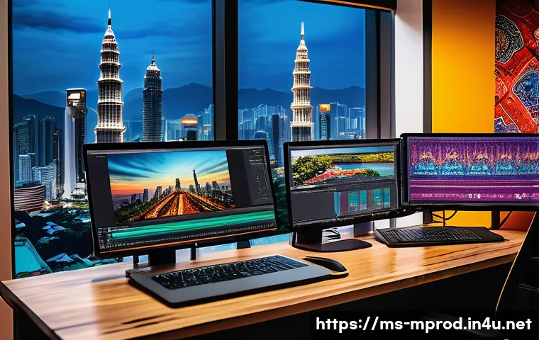 미디어 프로듀서 직무와 관련된 트렌드 - A modern Malaysian media producer’s workspace featuring a sleek laptop displaying Adobe Premiere Pro...