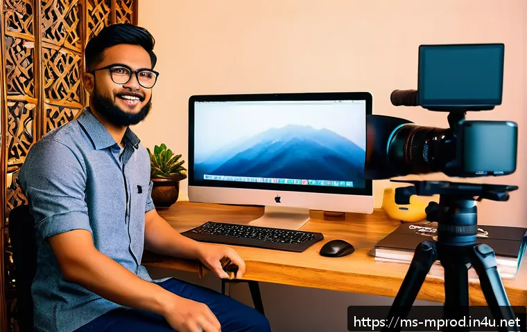 미디어 프로듀서로 일하기 위한 최소 스펙 - A modern media producer in a bright, cozy Malaysian home studio, surrounded by professional video eq...