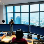 미디어 프로듀서 이직 준비 방법 - A professional media producer in a modern Malaysian office setting, organizing a video production sc...