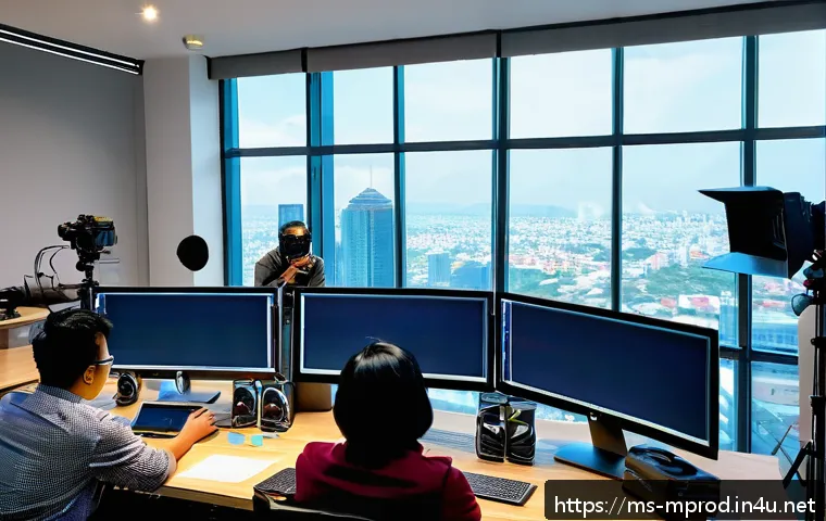 미디어 프로듀서 이직 준비 방법 - A professional media producer in a modern Malaysian office setting, organizing a video production sc...